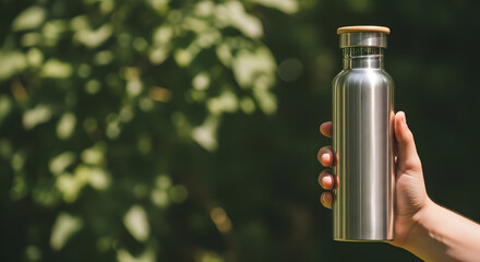 A person's hand holding a reusable stainless steel water bottle with a wooden cap against a blurred green nature background.