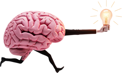 A pink brain with a body wearing black tights and shoes runs while holding a lit incandescent light bulb radiating light symbolizing a brilliant idea collage