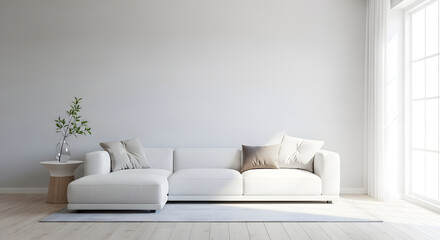 Fototapeta premium A bright and airy living room featuring a white sectional sofa and a side table with a vase.