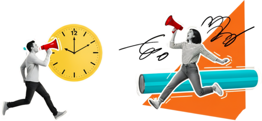 Man with megaphone runs toward large clock woman with megaphone jumps past a giant pencil and abstract orange shape collage art time running jumping communication