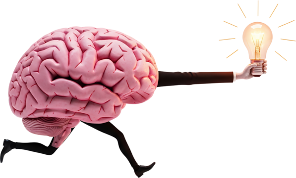A pink brain with a body wearing black tights and shoes runs while holding a lit incandescent light bulb radiating light symbolizing a brilliant idea collage