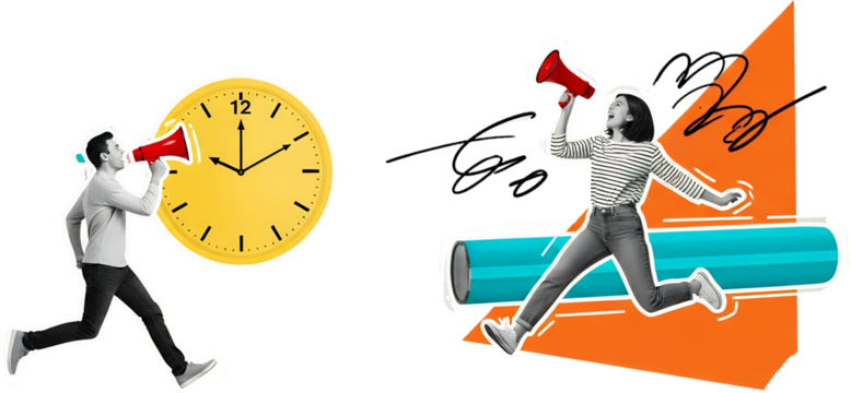 Man with megaphone runs toward large clock woman with megaphone jumps past a giant pencil and abstract orange shape collage art time running jumping communication - Powered by Adobe