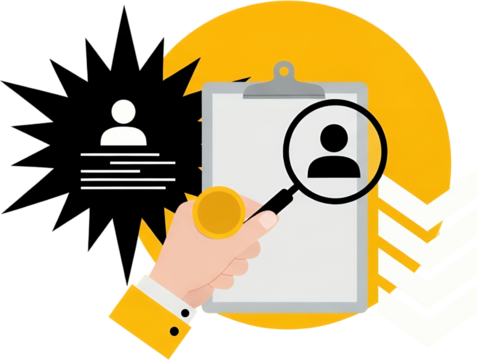 Hand holding magnifying glass over document with person icon coin and abstract shapes representing data analysis and selection collage art business career