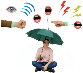 Young Man With Glasses Sits Under A Green Umbrella Surrounded By Abstract Visual Elements Representing Communication Stress And Emotions With A Transparent Background Cutout