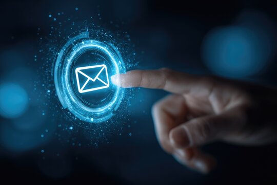 A digital illustration showing a hand interacting with an illuminated email envelope icon