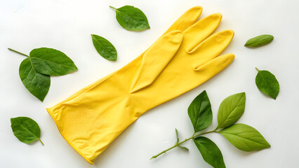 yellow rubber glove flat lay white background 