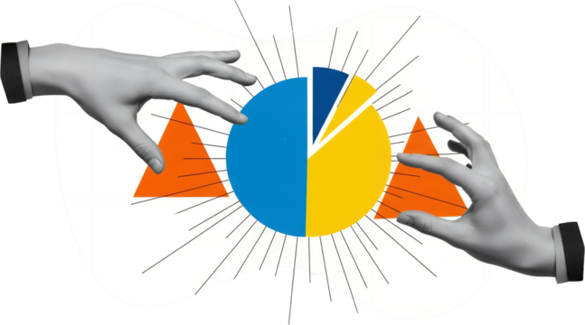 Stylized Illustration Featuring Grayscale Hands Interacting With A Colorful Pie Chart Orange Triangles And Radiating Lines On A Transparent Background Collage