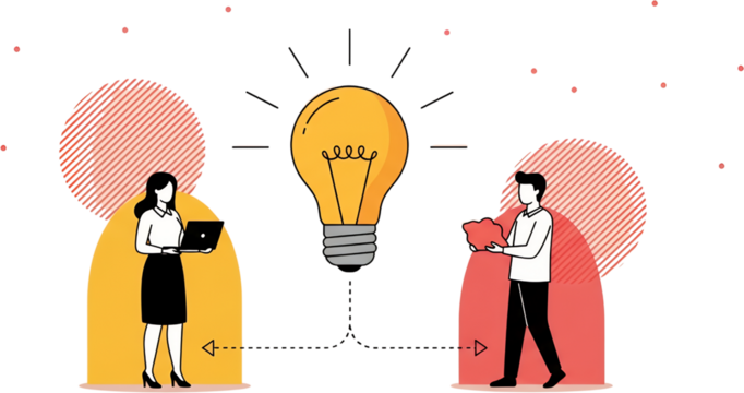 Two diverse individuals one with a laptop and the other holding a piggy bank interact around a glowing lightbulb against a dark background with abstract shapes and small dots