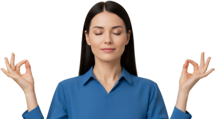 Serene woman with eyes closed practicing meditation and mindfulness with hand mudra gesture conveying calm and inner peace collage art Hand Gesture Tranquility