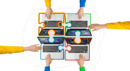 Multiple hands collaborating on four laptops arranged in a puzzle formation with colorful borders and abstract background elements collage art collaboration