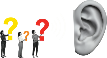 Three women hold question marks of varying sizes towards a large detailed human ear with sound waves emanating from a question mark collage art listening