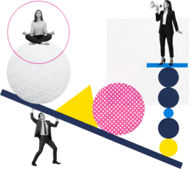 A woman meditates atop a textured sphere a man lifts a beam supporting geometric shapes and another woman speaks into a megaphone all against a backdrop of abstract elements