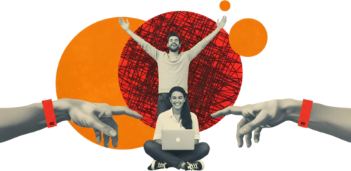 A man with arms outstretched in celebration stands behind a seated woman using a laptop with large artistic circles and abstract hands pointing towards them