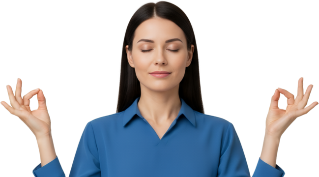 Serene woman with eyes closed practicing meditation and mindfulness with hand mudra gesture conveying calm and inner peace collage art Hand Gesture Tranquility