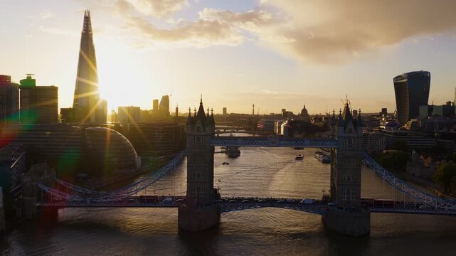 Wide angle aerial shot of London skyscrapers and the River Thames below 