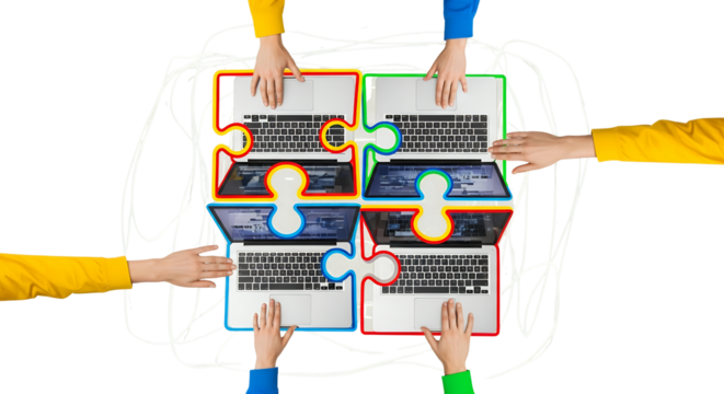 Multiple hands collaborating on four laptops arranged in a puzzle formation with colorful borders and abstract background elements collage art collaboration