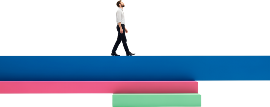 A Businessman In A White Shirt And Dark Pants Walks Across Three Horizontal Colored Abstract Platforms Against A Transparent Background Collage Art Walking Person