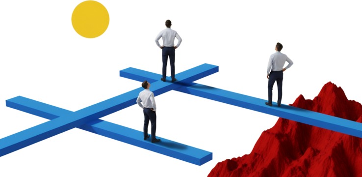 Three Businessmen Standing On Interconnected Blue Pathways One Reaching A Red Mountainous Landscape Under A Yellow Circle Against A Transparent Background Collage