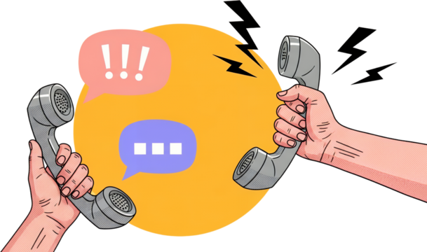 Two hands hold vintage telephone receivers with speech bubbles indicating communication and exclamation points against a vibrant orange circle collage