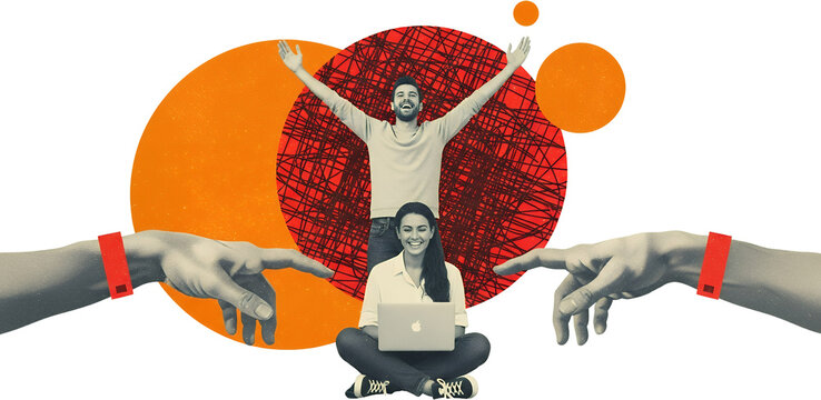 A man with arms outstretched in celebration stands behind a seated woman using a laptop with large artistic circles and abstract hands pointing towards them