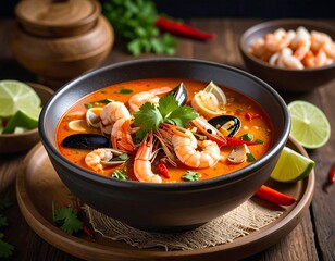 Close-up of a vibrant seafood soup in a dark bowl, garnished with herbs
