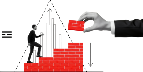 Businessman climbing red brick stairs while a hand places another brick symbolizing progress and construction collage art building career success growth