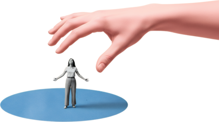 Giant hand looms over tiny woman standing with arms outstretched on blue circular platform symbolic of control power or vulnerability collage art Figure