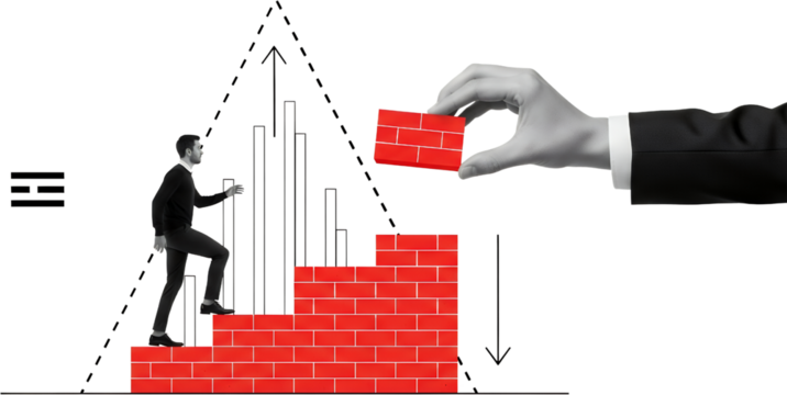 Businessman climbing red brick stairs while a hand places another brick symbolizing progress and construction collage art building career success growth