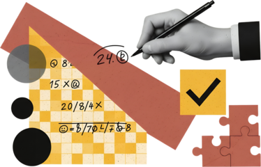 Hand writing mathematical equations and symbols on a checkered background with geometric shapes and puzzle pieces collage art Calculation Mathematics Numbers