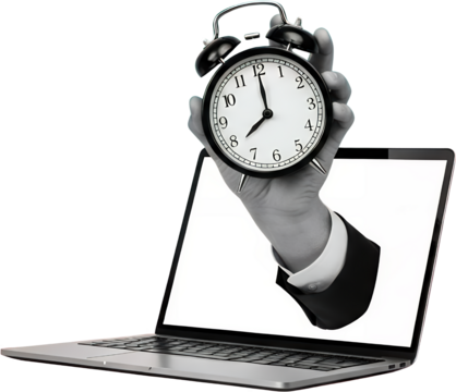 A hand in a suit emerges from a laptop screen holding an alarm clock symbolizing technology and time management collage art business urgency deadline efficiency