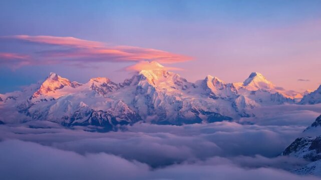 Snowy mountain peaks above a sea of clouds illuminated by the warm light of the setting sun mountain range landscape video