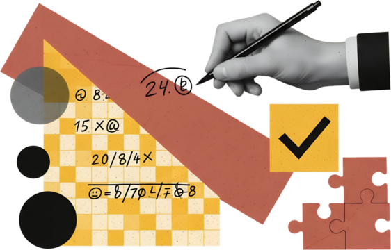 Hand writing mathematical equations and symbols on a checkered background with geometric shapes and puzzle pieces collage art Calculation Mathematics Numbers