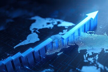 Rising blue arrow graph showing financial growth, ascending above a digital world map