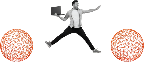 Excited man holding laptop mid air between two orange wireframe spheres collage art midair jumping technology digital connection network data abstract