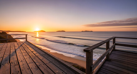 Golden sunrise over the ocean viewed from a wooden deck with waves crashing on the sandy beach and distant islands.