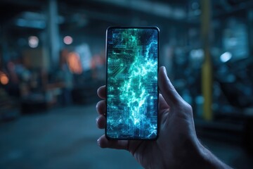 A person holds a phone displaying digital circuits and electrical storm visuals