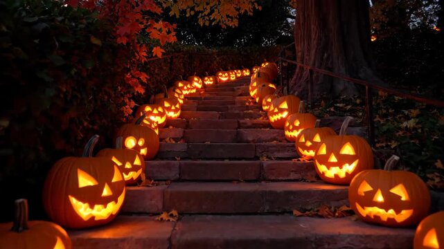 Spooky Halloween Pumpkins Lining an Outdoor Stone Staircase Path