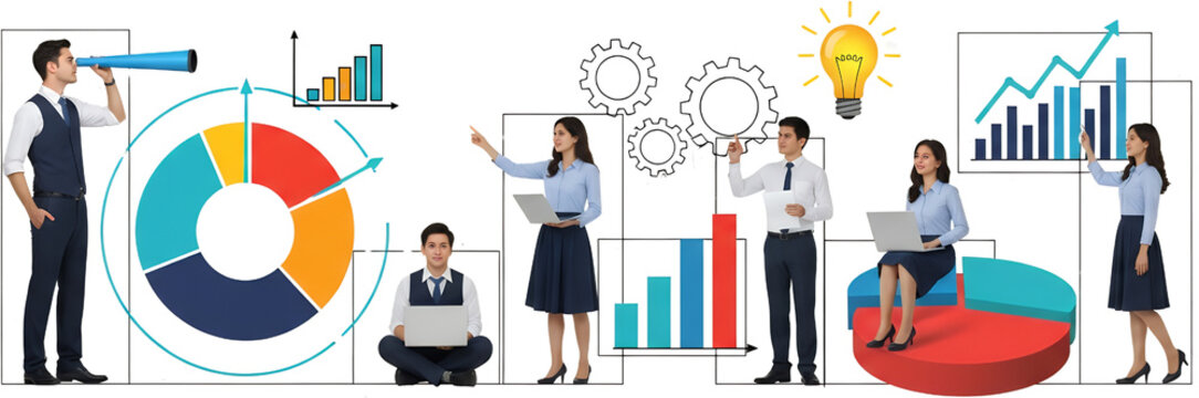 Business professionals analyze data charts pie graphs and growth trends with a telescope and a lightbulb symbolizing ideas collage analysis pie chart statistics - Powered by Adobe