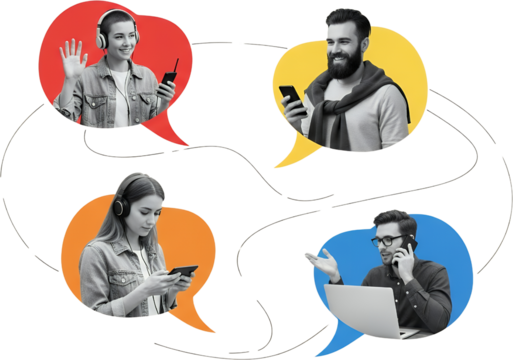 Diverse individuals in speech bubbles communicate via phones and laptops showing interconnectedness in digital interactions collage art communication connection