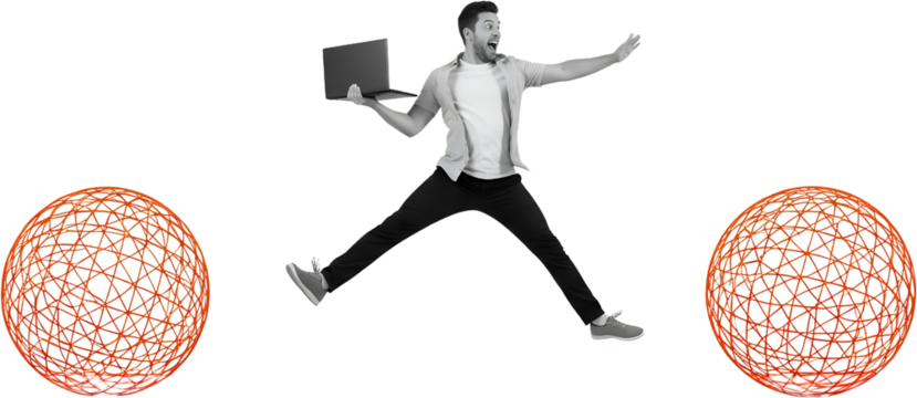 Excited man holding laptop mid air between two orange wireframe spheres collage art midair jumping technology digital connection network data abstract