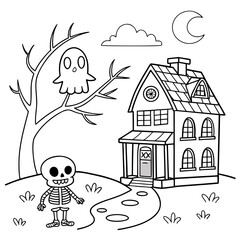 A black and white outline illustration of Halloween doodles with ghost, skeleton, and haunted house coloring page