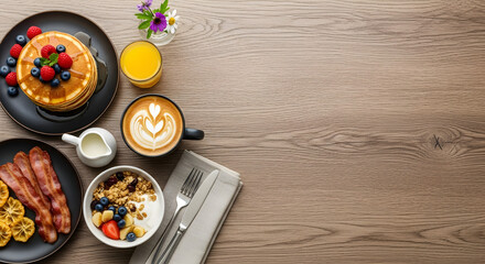 A delicious and hearty breakfast spread featuring pancakes with berries, bacon, eggs, coffee, and yogurt on a rustic wooden table.