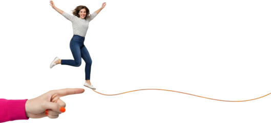 A woman in mid air jump wears jeans and a striped shirt with a finger pointing to an orange string she is walking on collage art jumping active energetic