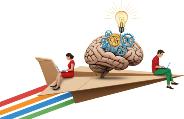 A woman and a man on paper airplanes connected by a giant brain with gears and a lightbulb illustrating technological innovation and collaborative thinking