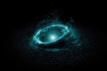 Abstract artwork depicts a glowing ring with binary code encircling the luminous core