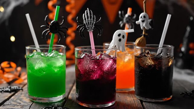 Halloween Themed Colorful Drinks with Spooky Decorations