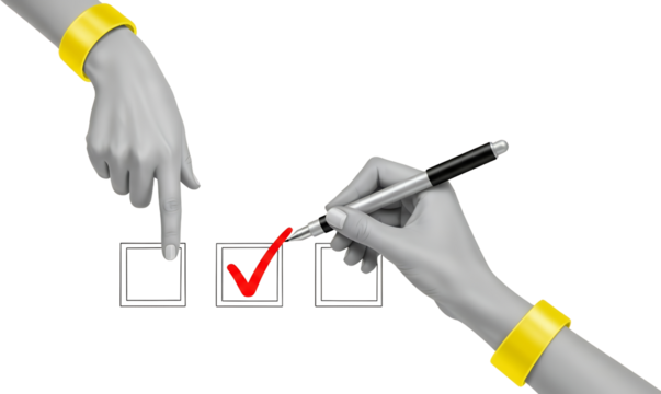 Gray Hands With Yellow Bracelets One Pointing At Empty Checkbox The Other Marking A Red Checkmark In A Checkbox With A Pen On A Transparent Background Collage