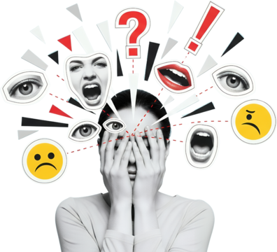 Collage of distressed facial expressions eyes mouths and question mark exploding from a person's head conveying mental overload stress and confusion art