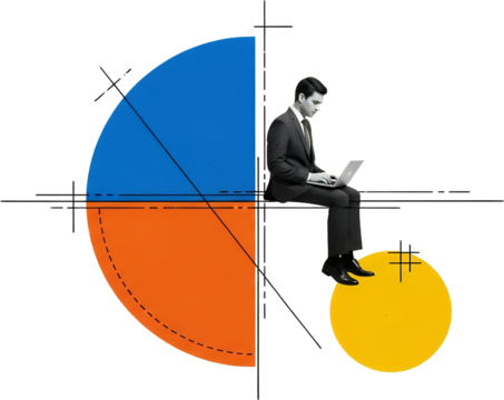 Businessman in suit working on a laptop sits on a line segment against a backdrop of abstract geometric shapes and bold colors collage art blue orange