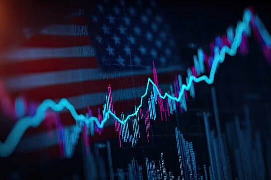 Graph representing financial data with US flag in the background - Powered by Adobe